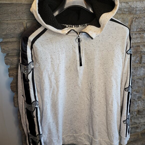 Victoria Secret Pink Bling Sequin Logo Dog Hooded Pullover 1/4 Zip Gray Black LG - Picture 4 of 12